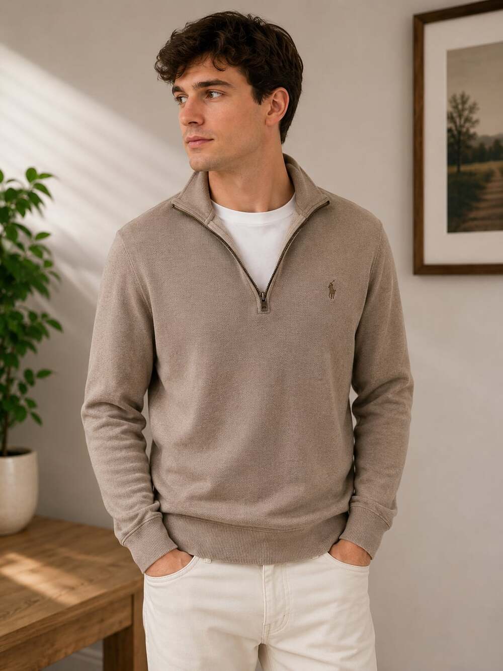 Polo Ralph Lauren Beige Quarter Zip Sweater Men’s Small Cotton Preppy